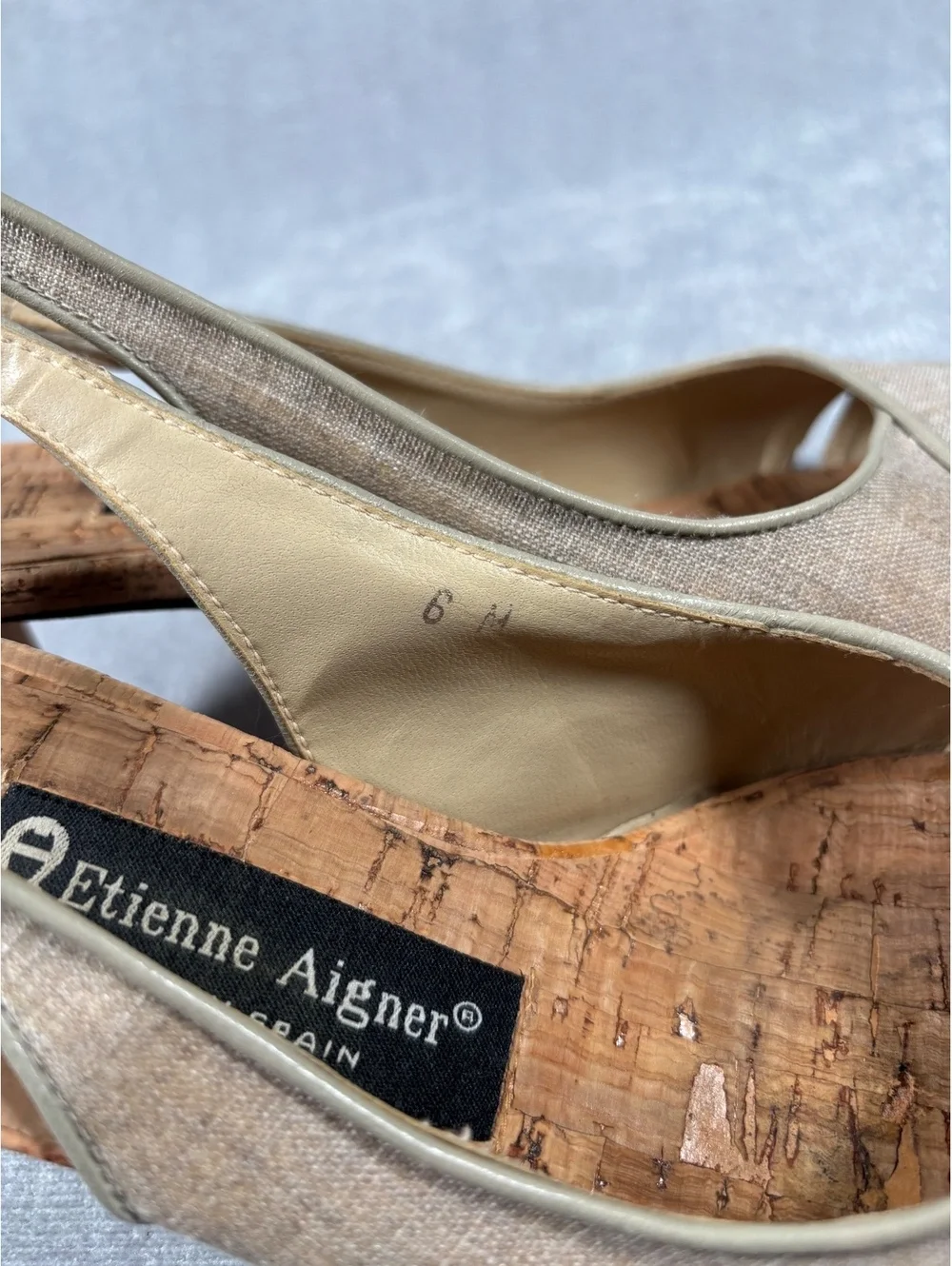 Etienne Aigner Vintage Canvas Cork Slingback Peep Toe Kitten Heels Spain Sz 6M